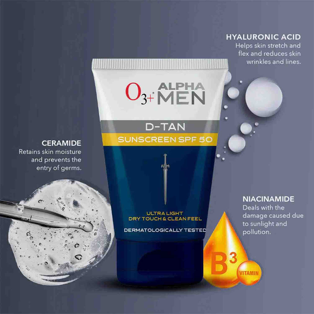 O3+ Alpha Men D-Tan Sunscreen Spf 50 Ultra Light Dry Touch & Clean Feel
