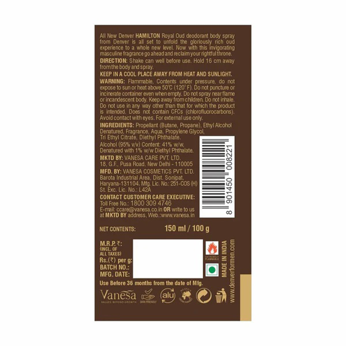 Denver Royal Oud Deodorant Body Spray 165 Ml
