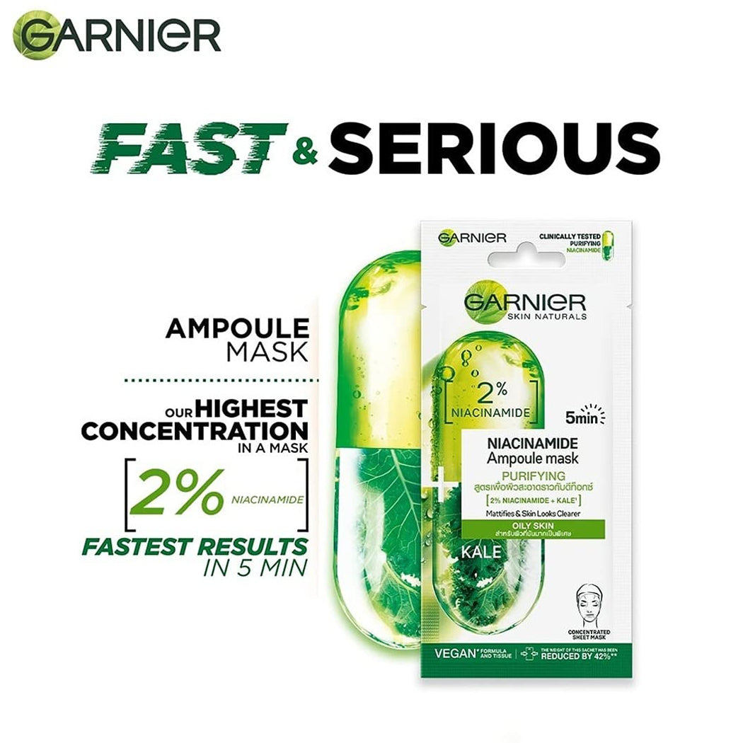 Garnier 5 Min Purifying Ampoule Mask For Oily Skin 2Per Niacinamide & Kale 15G