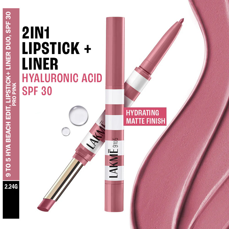 Lakme 9to5 Hya Beach Edit, Lipstick + Liner Duo, SPF 30 2.24g