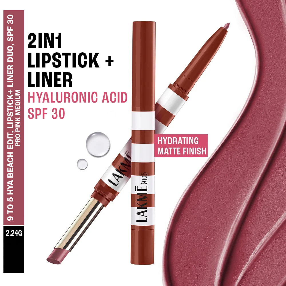 Lakme 9to5 Hya Beach Edit, Lipstick + Liner Duo, SPF 30 2.24g