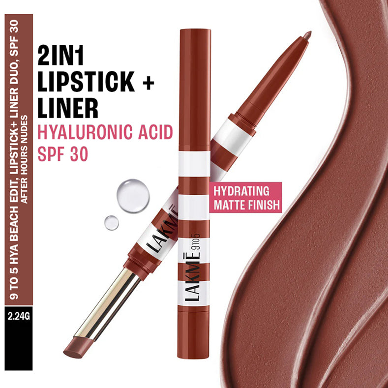 Lakme 9to5 Hya Beach Edit, Lipstick + Liner Duo, SPF 30 2.24g