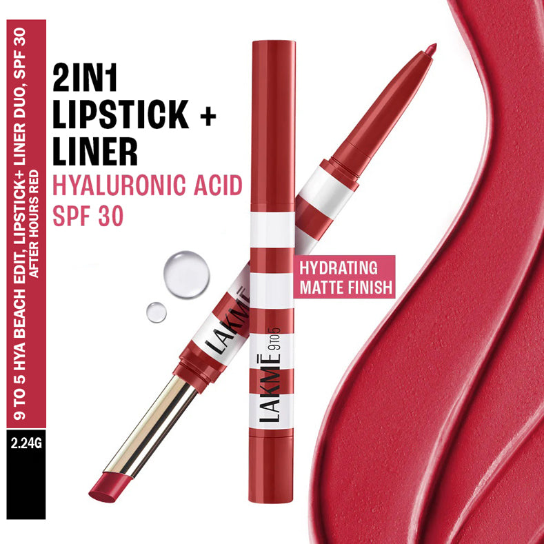 Lakme 9to5 Hya Beach Edit, Lipstick + Liner Duo, SPF 30 2.24g
