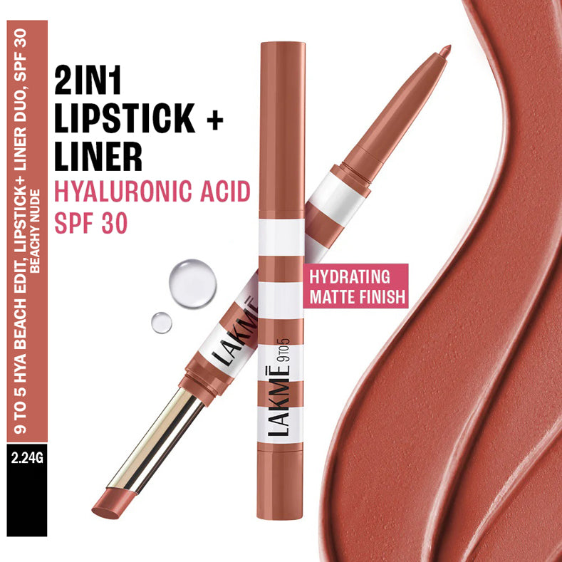 Lakme 9to5 Hya Beach Edit, Lipstick + Liner Duo, SPF 30 2.24g