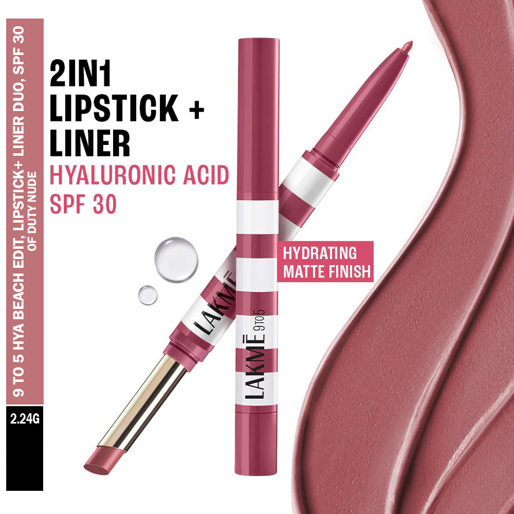 Lakme 9to5 Hya Beach Edit, Lipstick + Liner Duo, SPF 30 2.24g