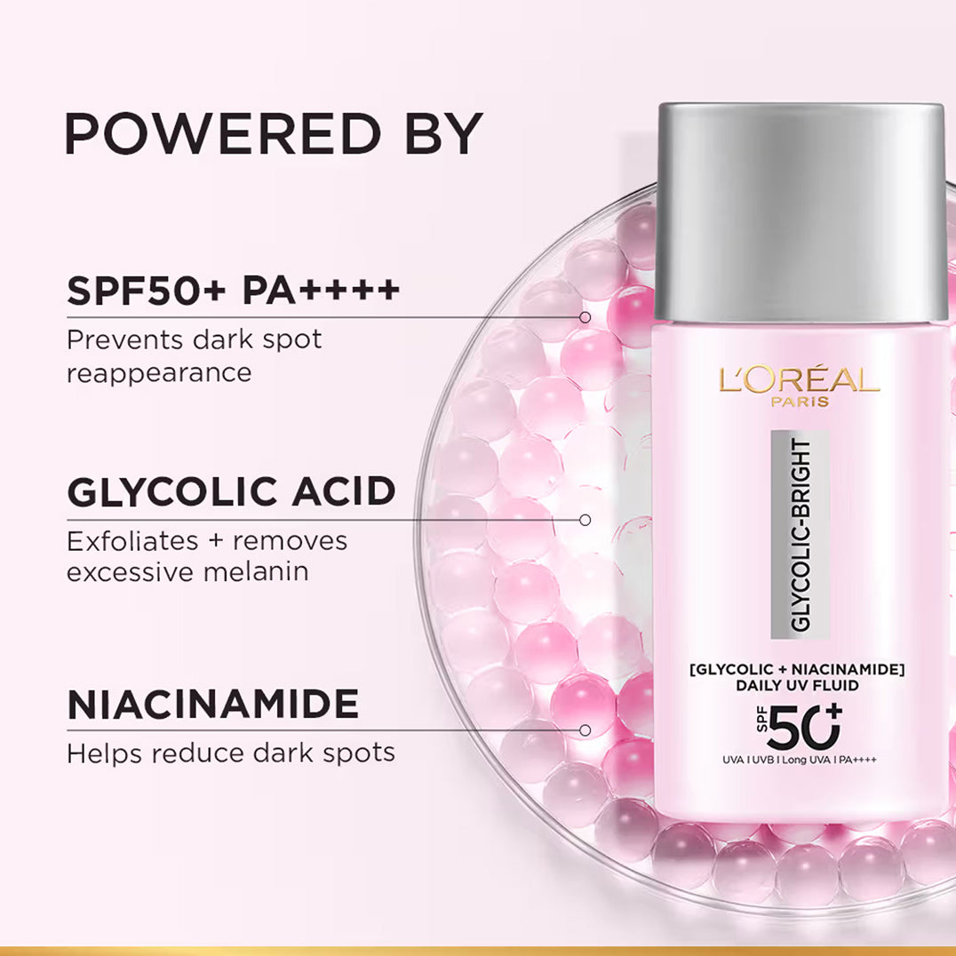 Loreal Paris Glycolic-Bright UV Fluid SPF 50+ PA++++ Anti-Dark Spot Fluid Sunscreen 50ML