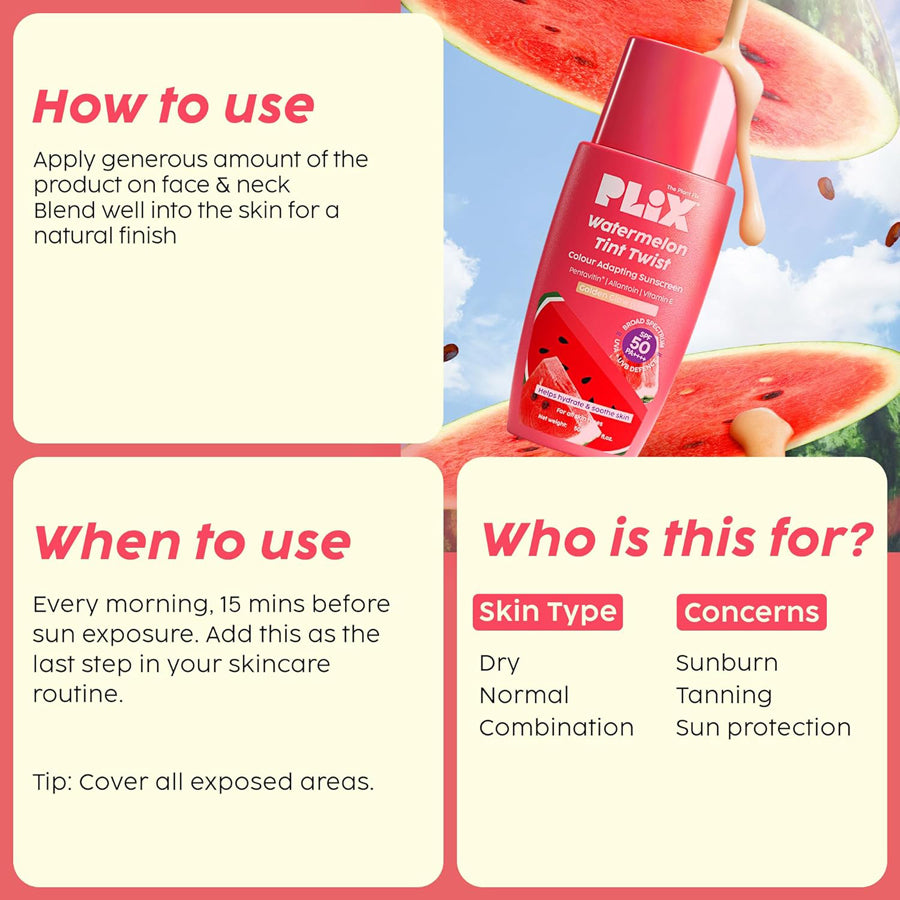 Plix Watermelon Tint Twist Colour Adapting Sunscreen SPF 50++++ 50ml
