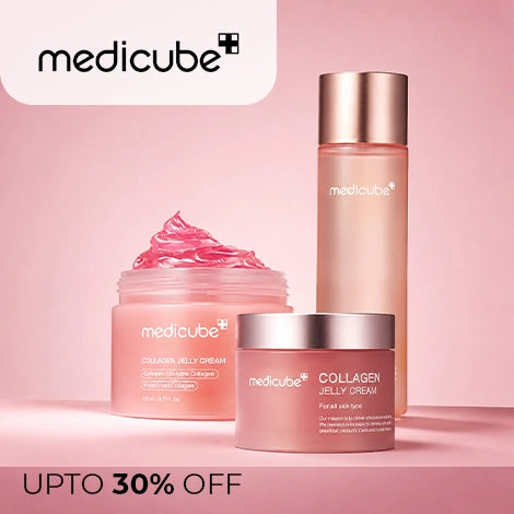medicube Festive Sale offer banner, flat 20% off, plus an extra 5% off when you spend ₹1,499 or more on the brand