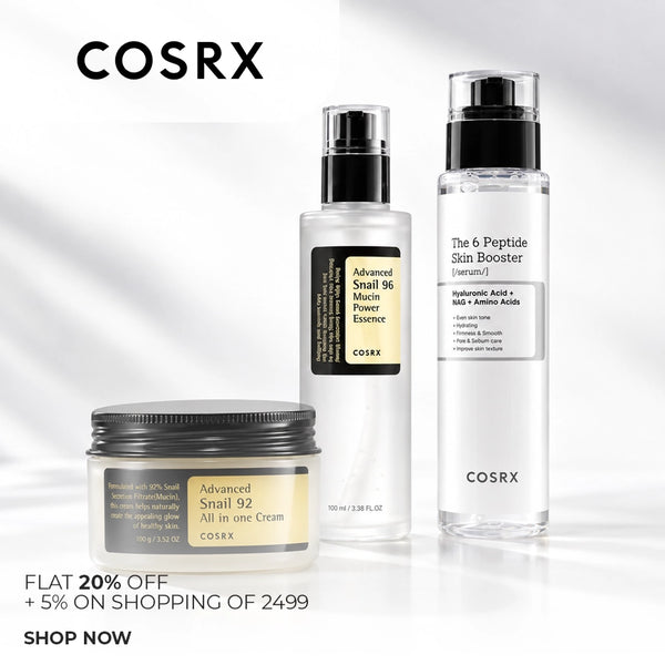 COSRX Festive Sale offer banner, flat 20% off, plus an extra 5% off when you spend ₹2,499 or more on the brand